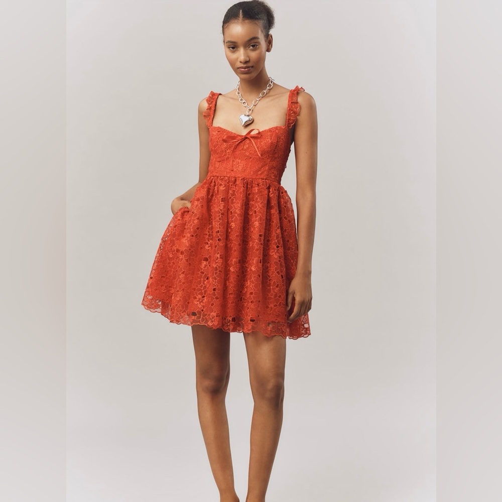 NWT By Anthropologie Ruffle-Strap Corset Lace Mini Dress